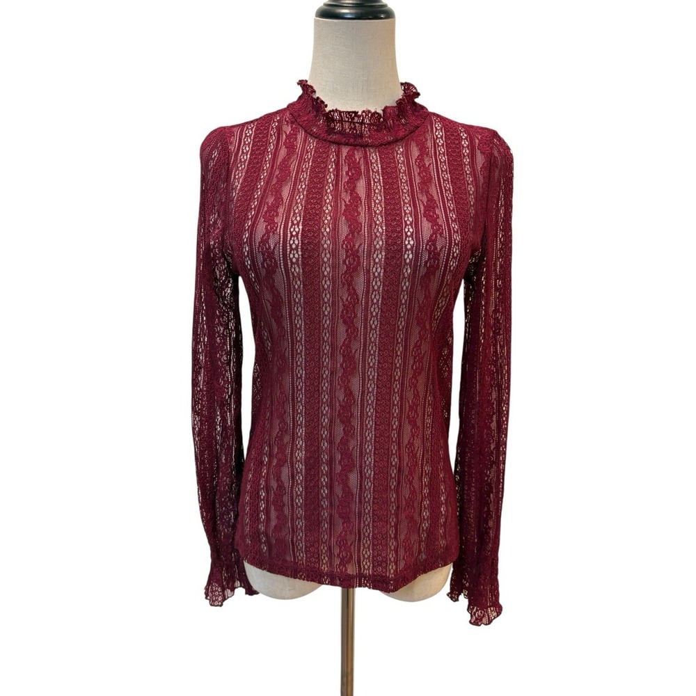 Lace Sheer Blouse Burgundy Long Sleeve High Neck Sz M Whimsigoth Dark Fairy